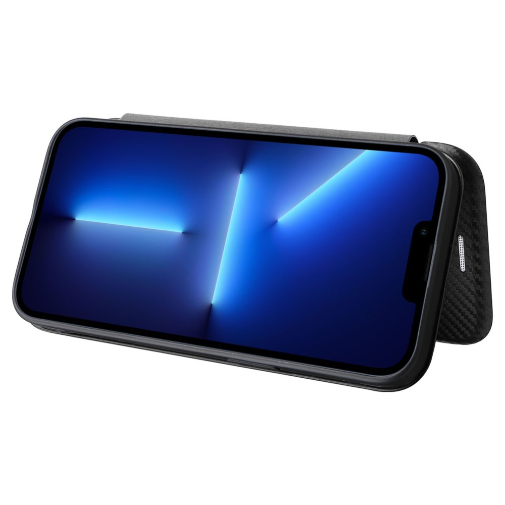 iPhone 14 Leder Tasche Flip Cover Carbon Look - Schwarz