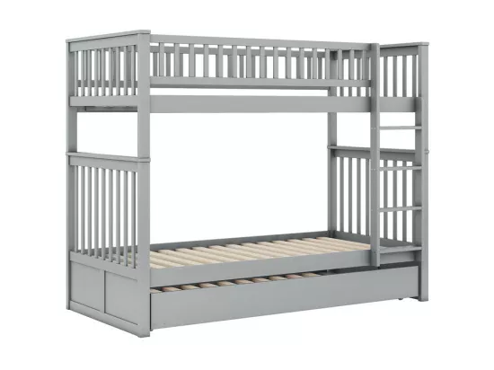 Lit superposé 2x90x200cm avec un lit gigogne 90x190cm - avec garde-corps et escalier - Gris