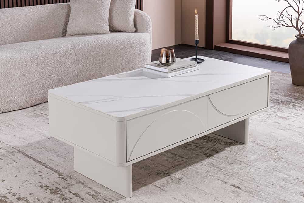 Design Couchtisch SAVOY 120cm kaschmir weiß Keramik Marmor mit Schubladen