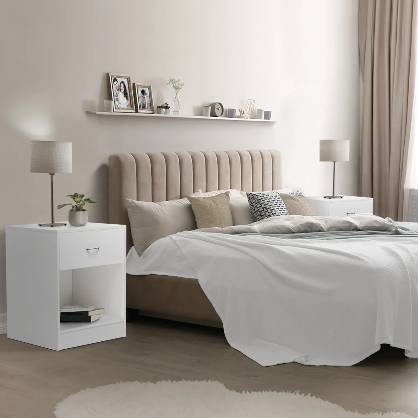 Lot de 2 tables de chevet OLGA 1 tiroir avec niche bois blanc