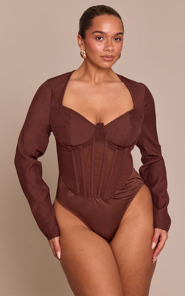 Chocolat Body Corset Manches Longues En Mesh Shape