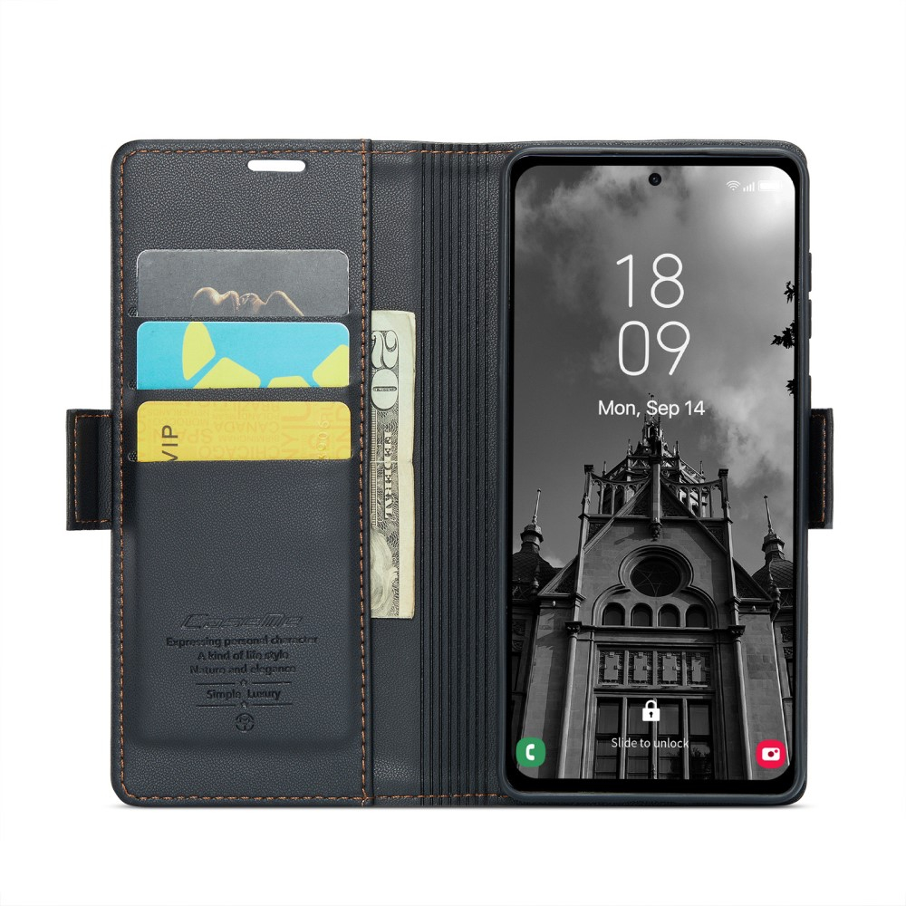 Samsung Galaxy A55 Leder Tasche Flip Wallet Etui mit Kartenfächern Litchi Look (RFID Schutz) - Schwarz