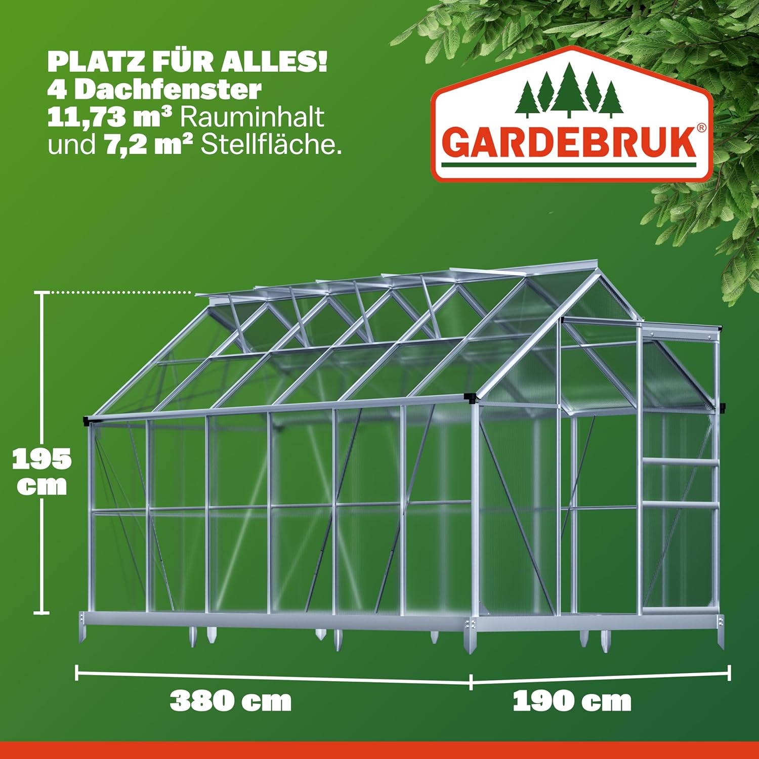 GARDEBRUK® Gewächshaus Aluminium 7,2m² mit Fundament 380x190cm inkl. 4 Dachfenster Tomatenhaus Treibhaus Anzuchthaus Garten Frühbeet Aufzucht 11,8m³