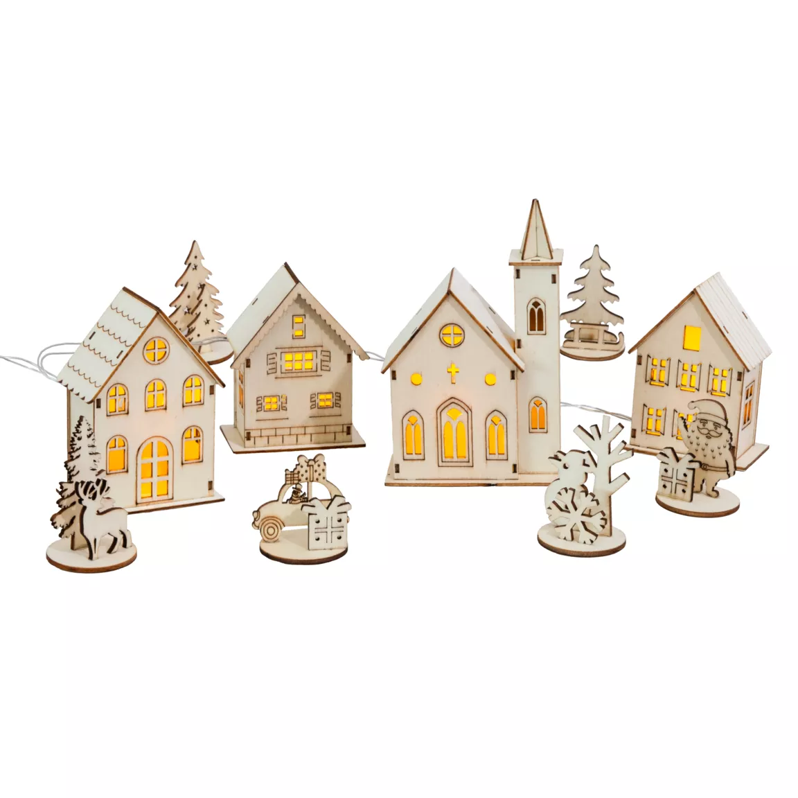 Village de Noël en bois lumineux à piles (H10 cm) Village complet Autrichien