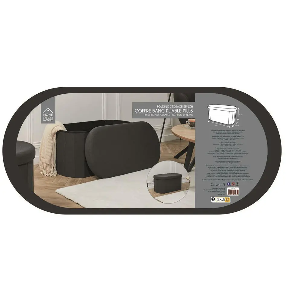 Home Deco - Poef - opbergbox - ovaal - zwart - 76 x 38cm