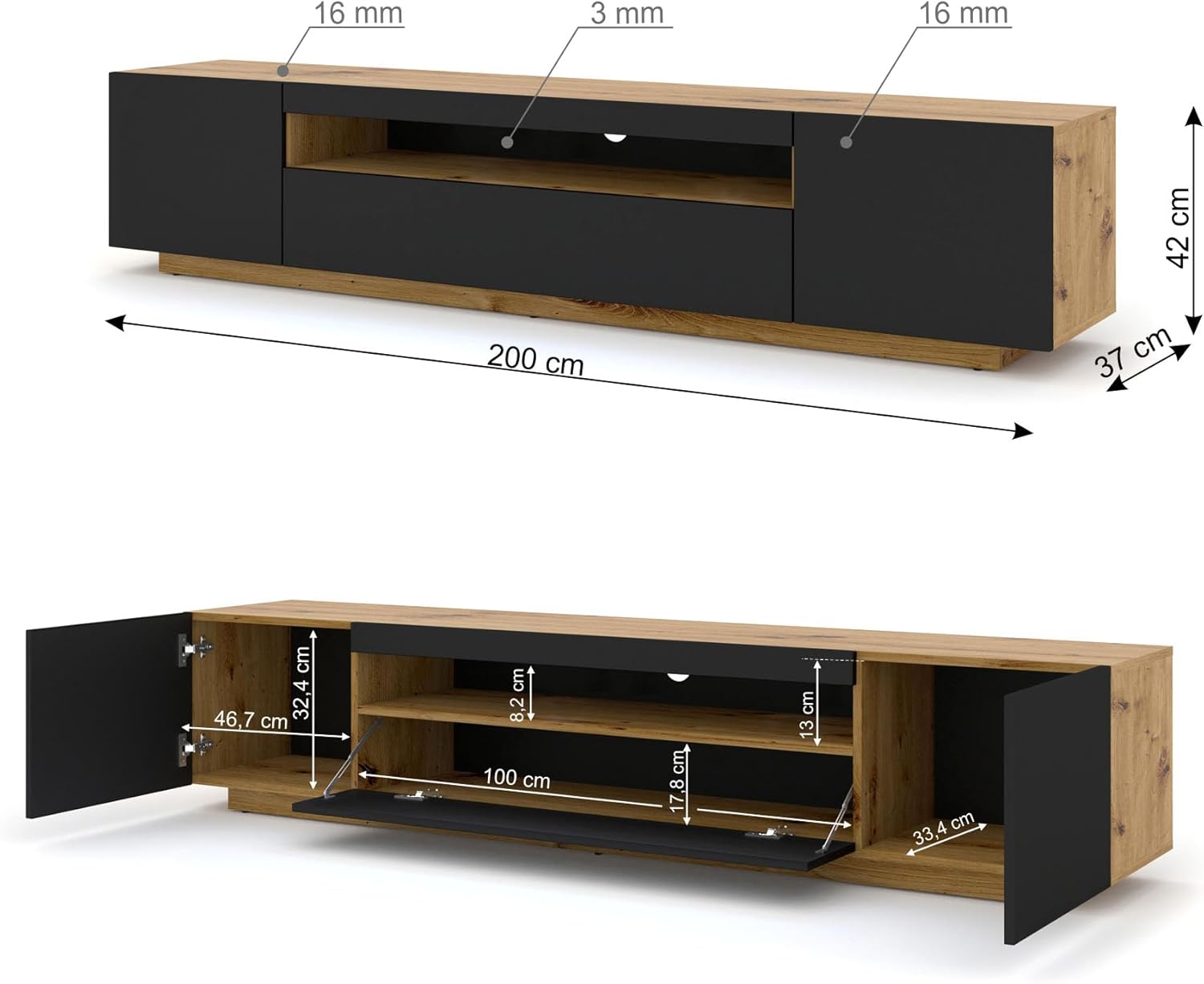 BIM Furniture Lowboard TV 200 cm - Universell Sideboard mit Laminierten Fronten, Hängend oder stehend - Fernsehschrank HiFi Schrank fürs Wohnzimmer Artisan Eiche und Schwarz Matt