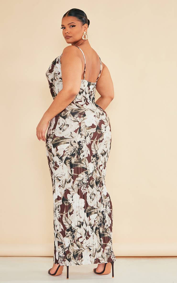 Marron Robe Longue Plissée Grande Taille À Col Bénitier Imprimée