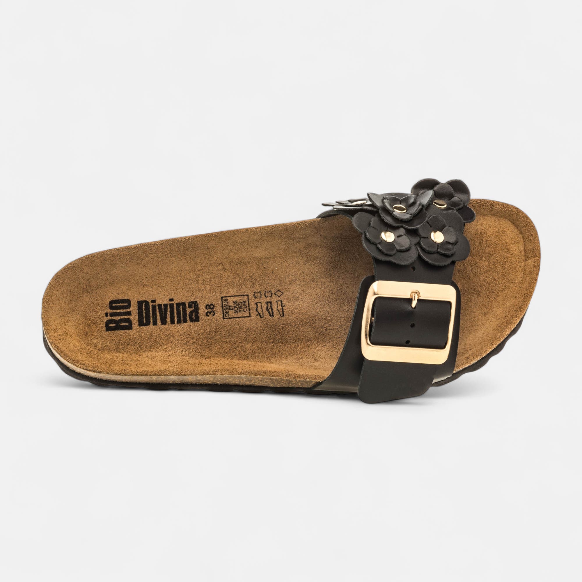 Mules semelle liège Femme en cuir noir