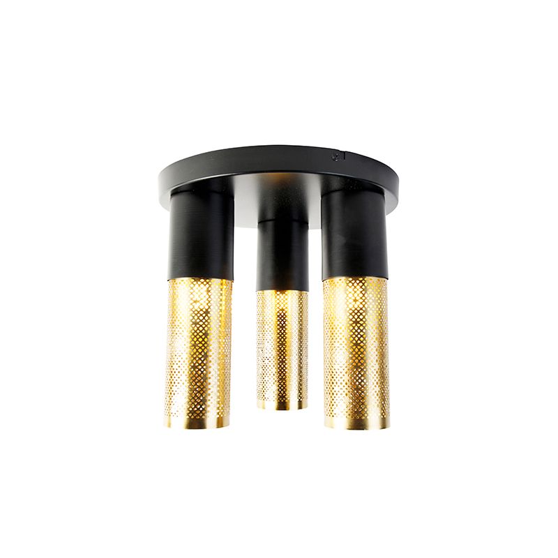 Industriële plafondlamp zwart met goud rond 3-lichts - Raspi