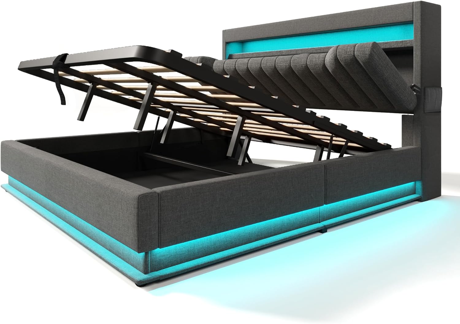 Polsterbett Doppelbett 180x200, LED Jugendbett Hydraulisches Bett Stauraumbett Funktionsbett Bettgestell mit Stauraum&Lattenrost, Stauraum-Kopfteil mit USB Type-C Aufladen, Leinen, Ohne Matratze, Grau