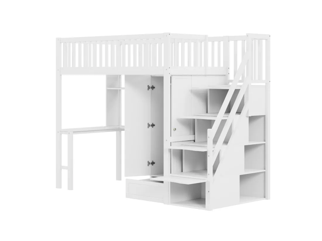 Lit mezzanine 90x200 cm - avec une penderie et un bureau - cadre de lit en bois - Blanc & Naturel