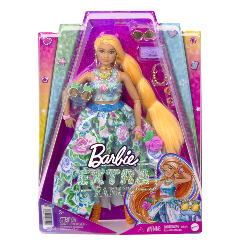 Mattel HHN14 Barbie Extra Fancy Puppe im blauen Kleid mit Blumenmuster