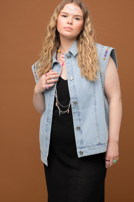 Jeansweste, oversized, Stickereien, teilelastischer Saum