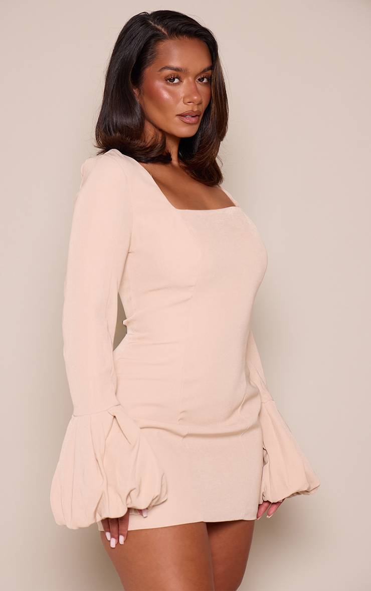 Gris Galet Robe Mini Moulante Tissée À Encolure Carrée Et Manches Bouffantes
