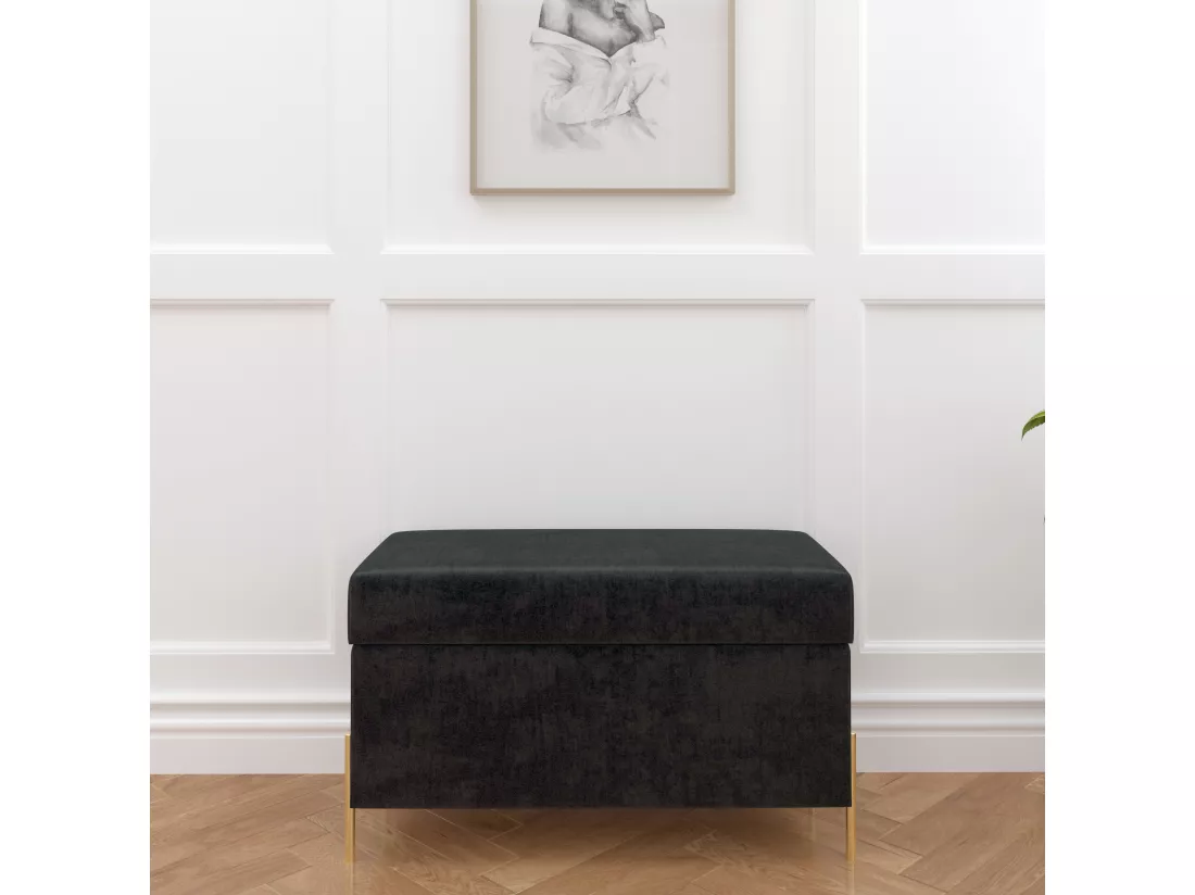 Banc coffre BORGO en velours gris avec pieds en métal doré / 80 x 37 cm