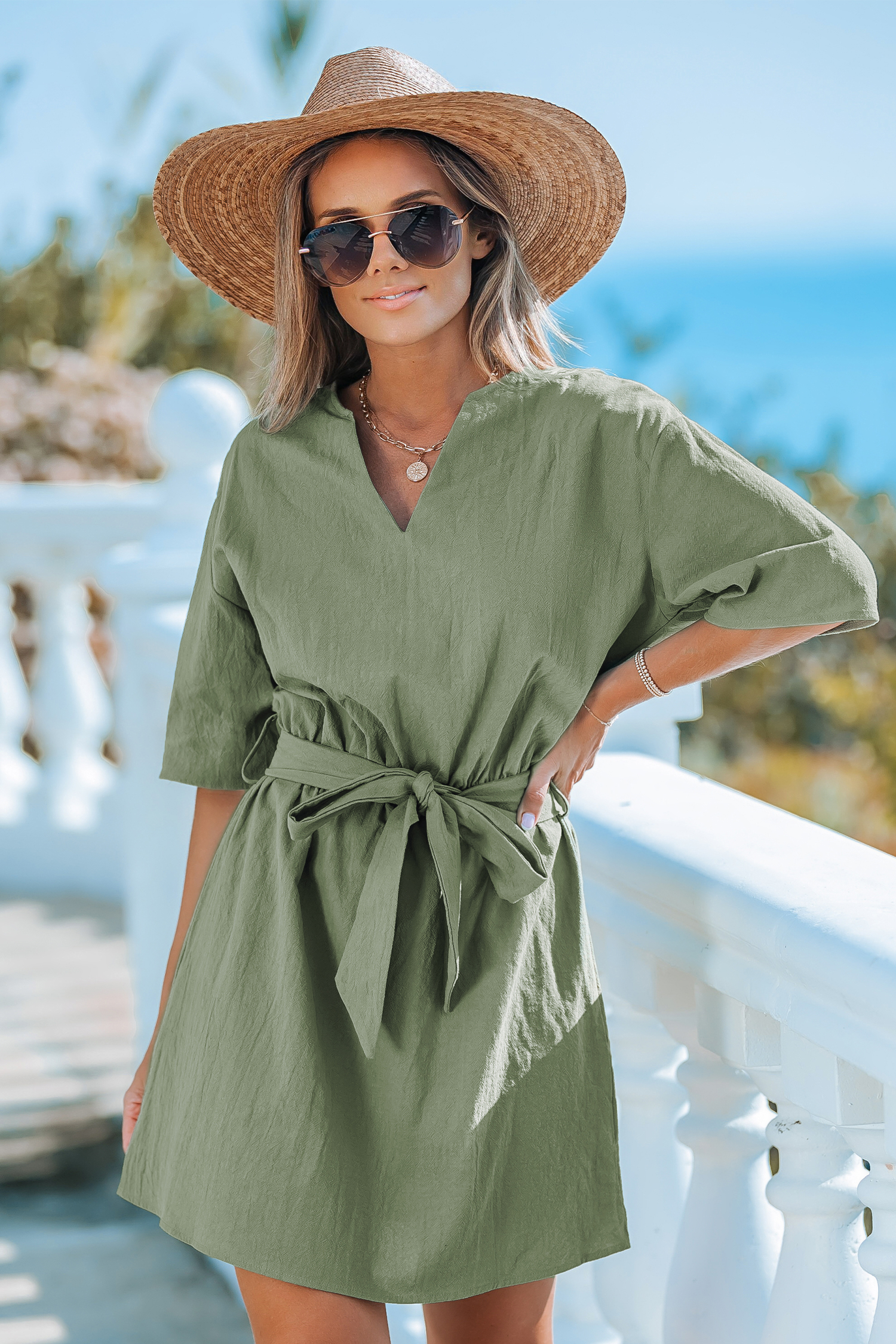 Robe en pur coton décontractée vert armée