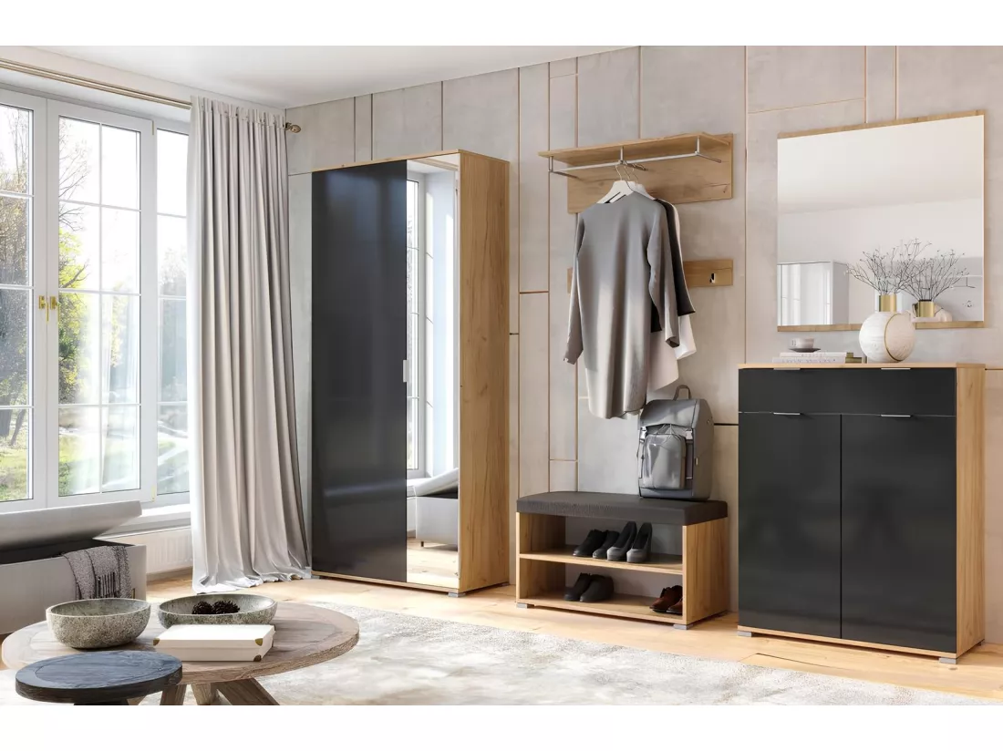 Ensemble d'entrée vestiaire avec miroir, commode, armoire et banc chaussures LUNE chêne-lave 2,2 m