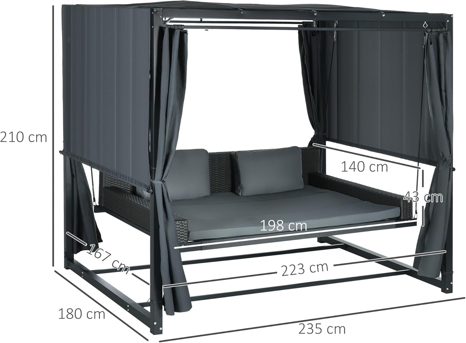 Outsunny Hollywoodschaukel mit Pergola, wetterbeständige Gartenschaukel mit Kissen, Schaukelbett für Balkon, Garten, 235 x 180 x 210 cm, Dunkelgrau