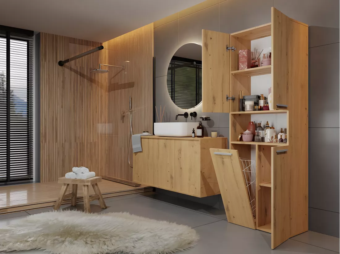 GLAZE - Armoire de salle de bain avec panier à ligne - Style moderne - 174x60x30 cm - Colonne sdb