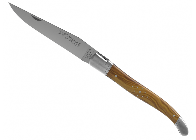 Couteau Laguiole prestige avec un manche en bois d'olivier et mitres en acier inoxydable