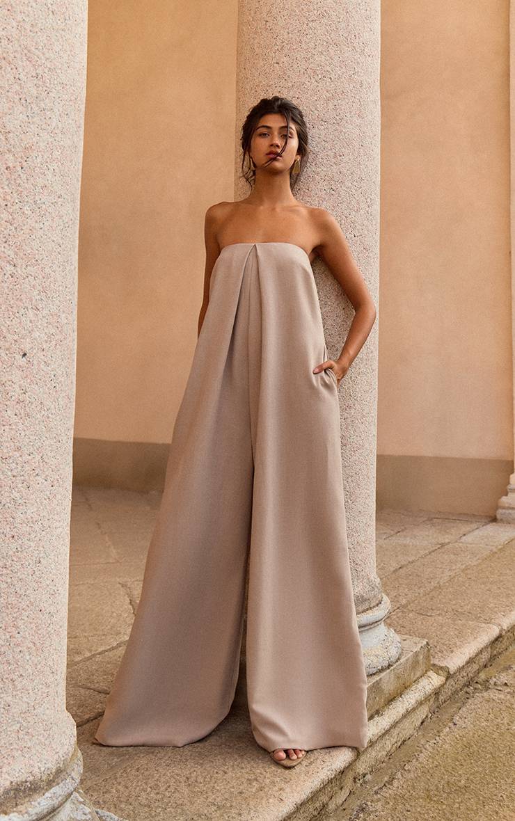 Gris Pierre Combinaison Pantalon Large Bandeau À Détails Plissés Plt Label