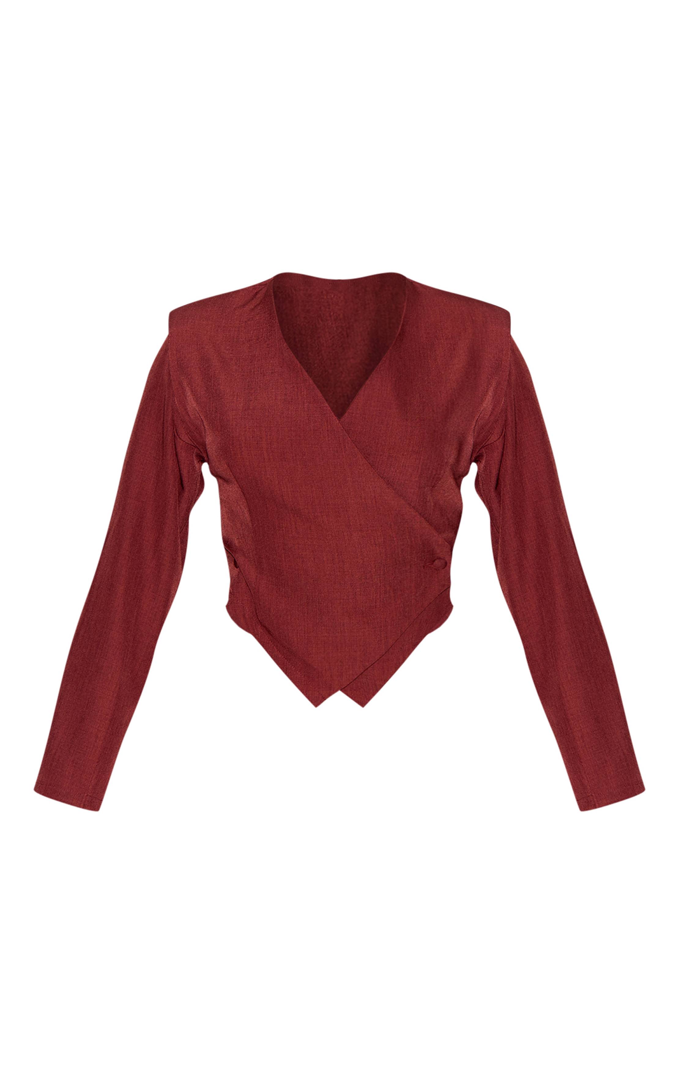 Orange Brûlé Haut Asymétrique À Boutons Manches Longues En Tissu Tissé Petite