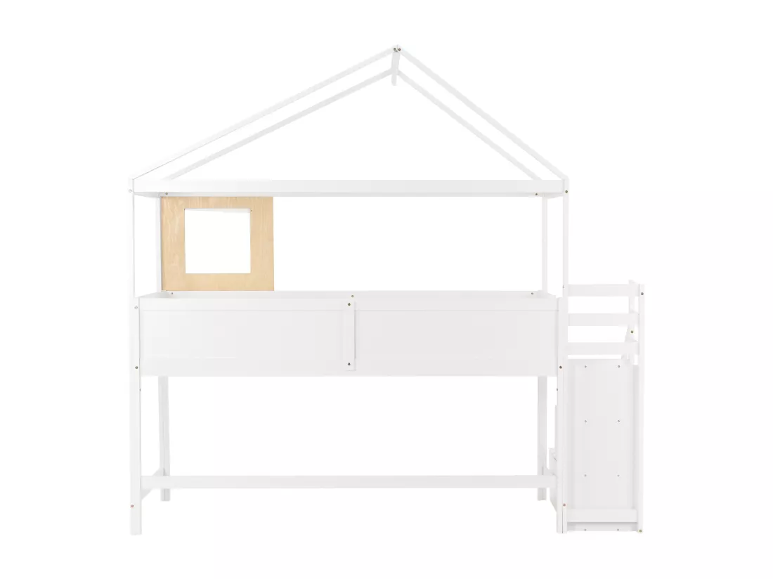Lit cabane enfant,90x200cm,avec escalier,avec tiroirs et barrière de protection,fille,garçon,cadre en bois massif,blanc