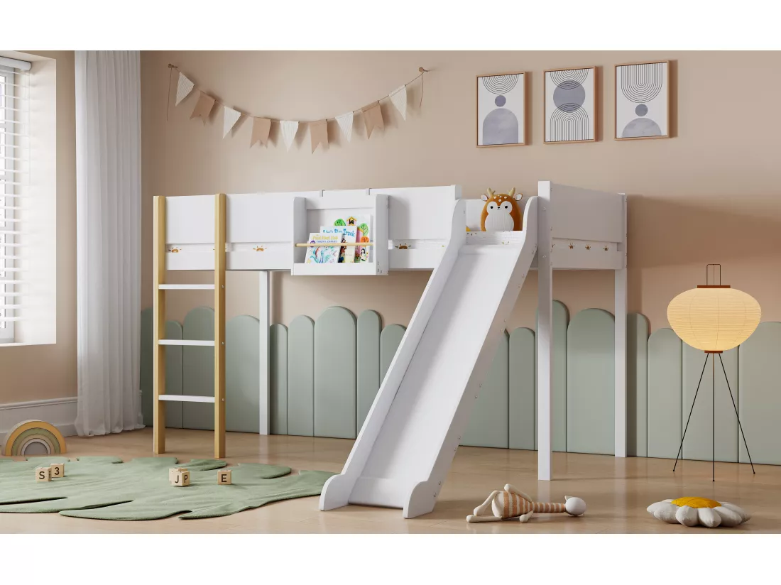 Lit mezzanine 90 x 200 cm avec toboggan, table et étagère amovible, pin+MDF, blanc+naturel