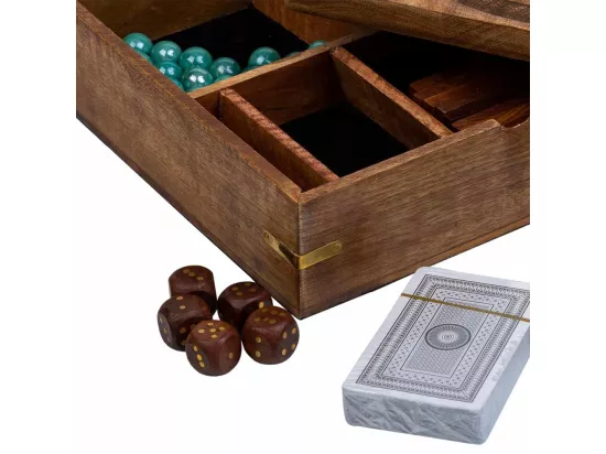 Jeu 5 en 1 (3 en ligne+domino+dés+2 cartes+solitaire) dans une boîte en bois marron 23x23xh