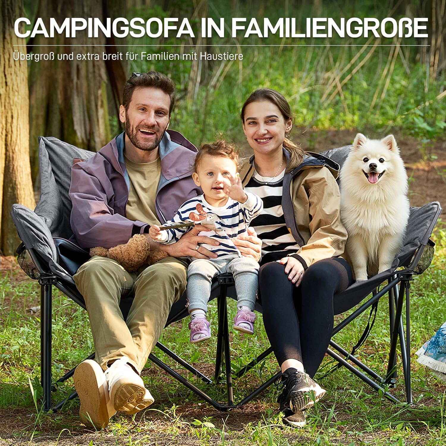 EVER ADVANCED Campingstuhl Faltbar 145cm Breit für 2 Personen Faltsofa 400KG Belastbar, Campingsofa Dick Gepolstert Klappstuhl 2 Sitzer Hohe Lehne Extra Breit für Outdoor Garten Balkon Indoor