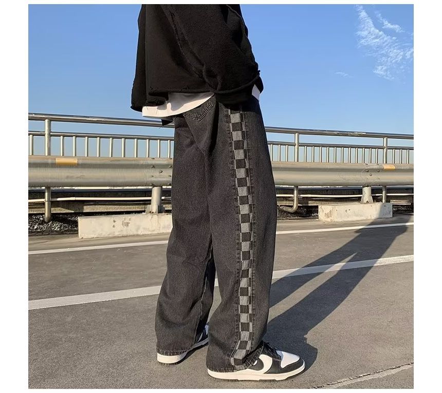 Urtishia - Wijde jeans met hoge taille en geruit paneel