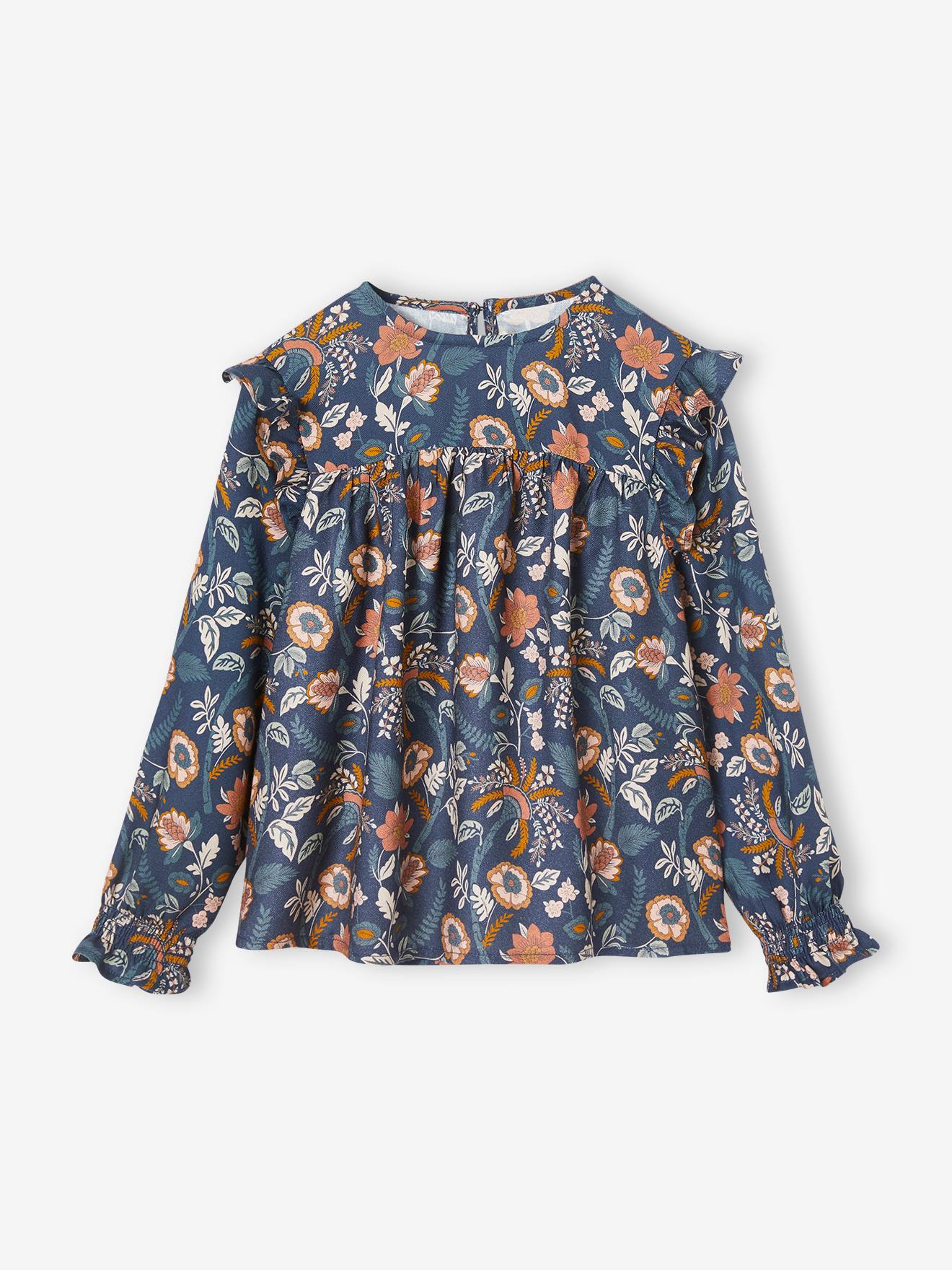 Blusa de manga comprida com flores, para meninas, azul escuro