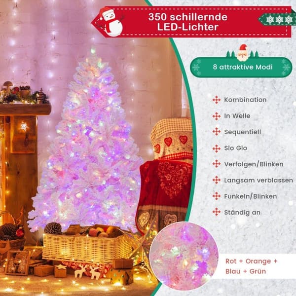 180 cm stort flokket kunstig juletre med 808 PVC-grenspisser 350 LED-lys og 8 lysmoduser