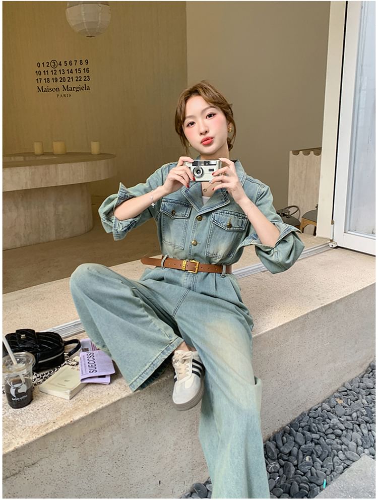 Tzarkozy - Denim jumpsuit met lange mouwen en knopen