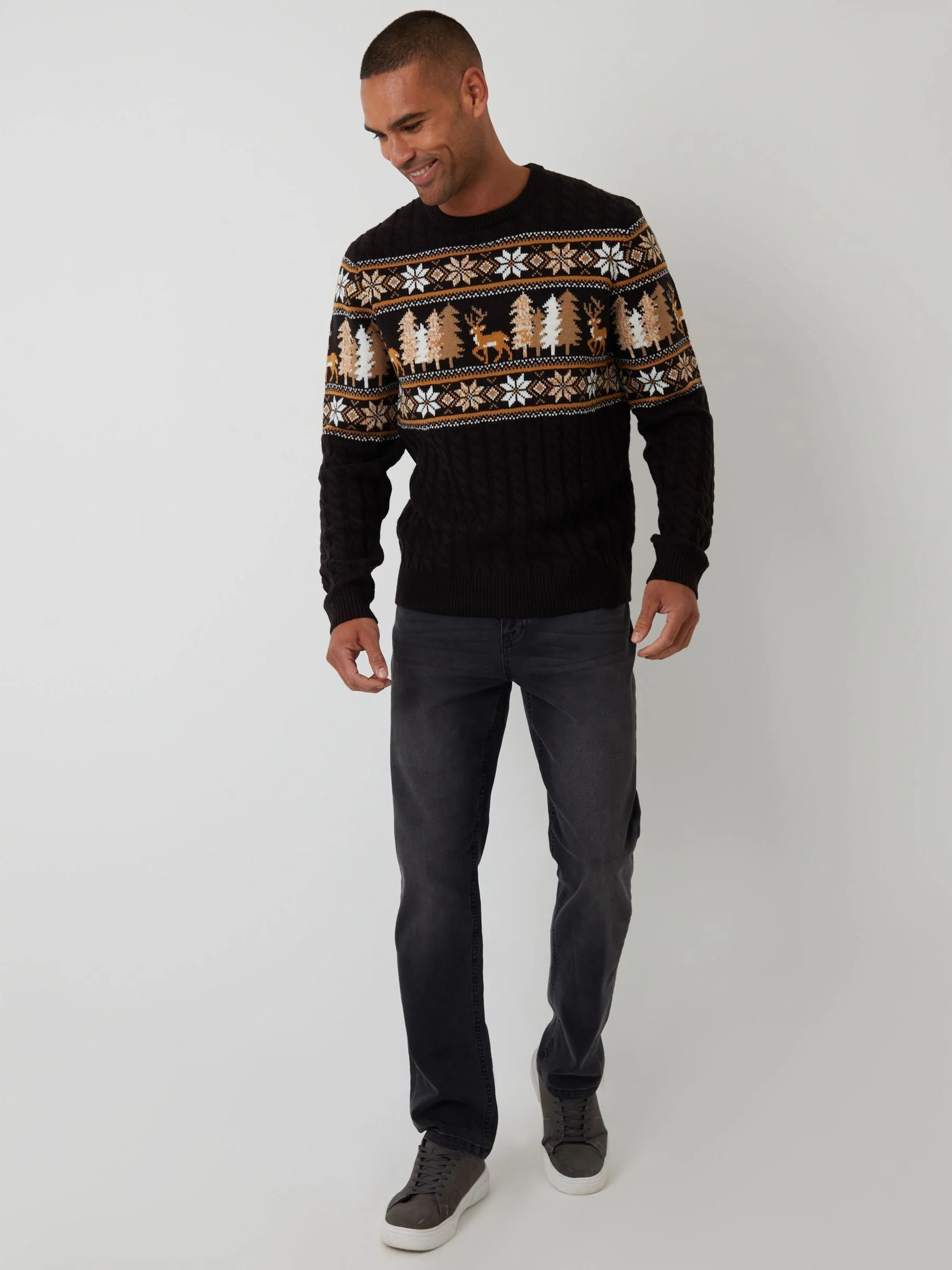 Threadbare kabelgebreide kersttrui met ronde hals en fairisle-patroon