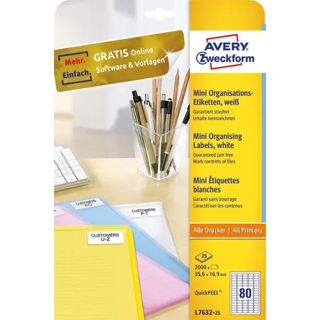 Avery Zweckform L7632-25 Mini-Organisations-Etiketten,A4 35,6 x 16,9 mm, 25 Bogen/2.000 Etiketten, weiß