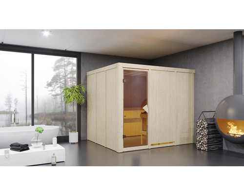 Karibu Gobina modulaire sauna inclusief 9 kW kachel en geïntegreerde bedieningseenheid, zonder dakrand, gebronsde volledig glazen deur