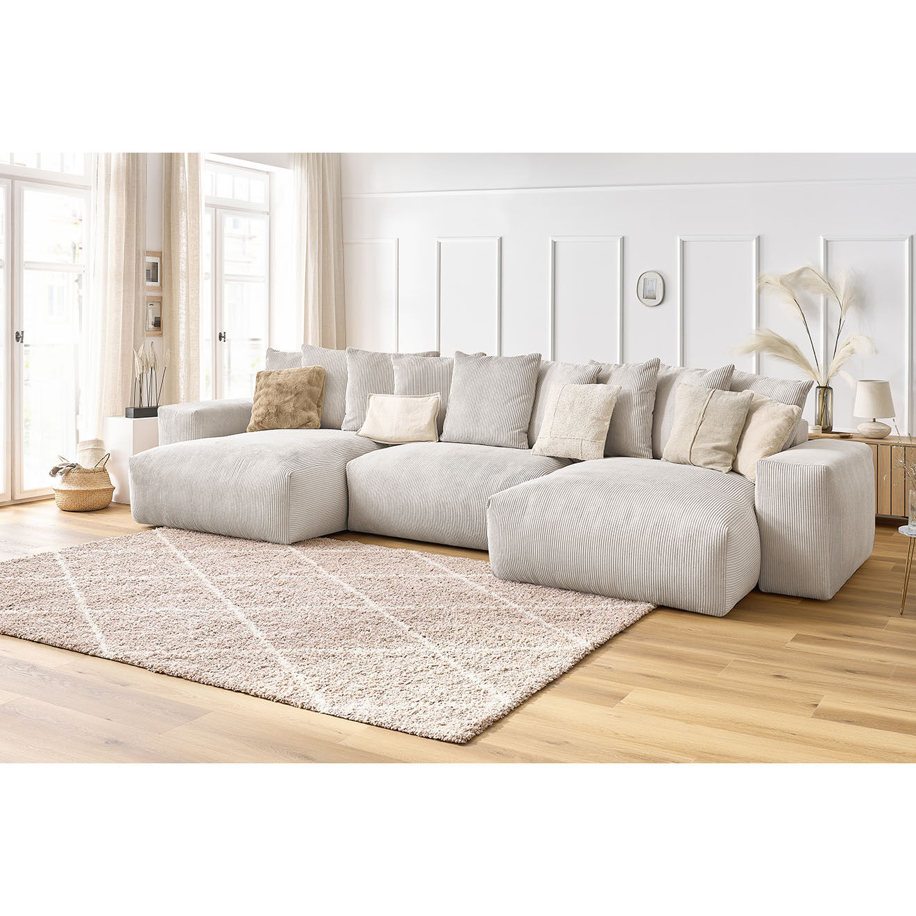 Bobochic Canapé panoramique fixe ultra moelleux voltaire velours côtelé beige - 420x174x75 cm