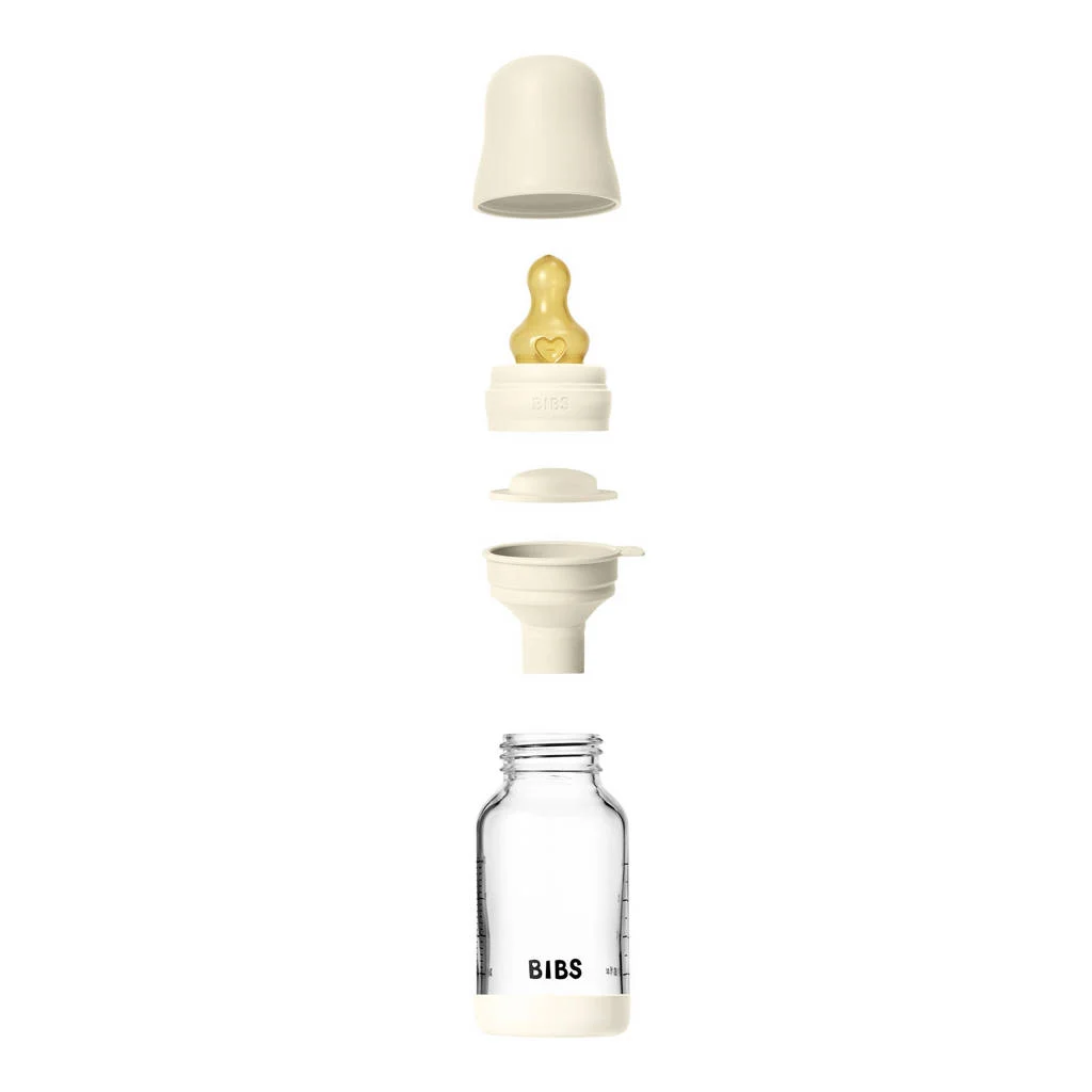 BIBS Glazen Babyfles - 120 ml - Ivory - met latex speen en opvouwbare trechtertje