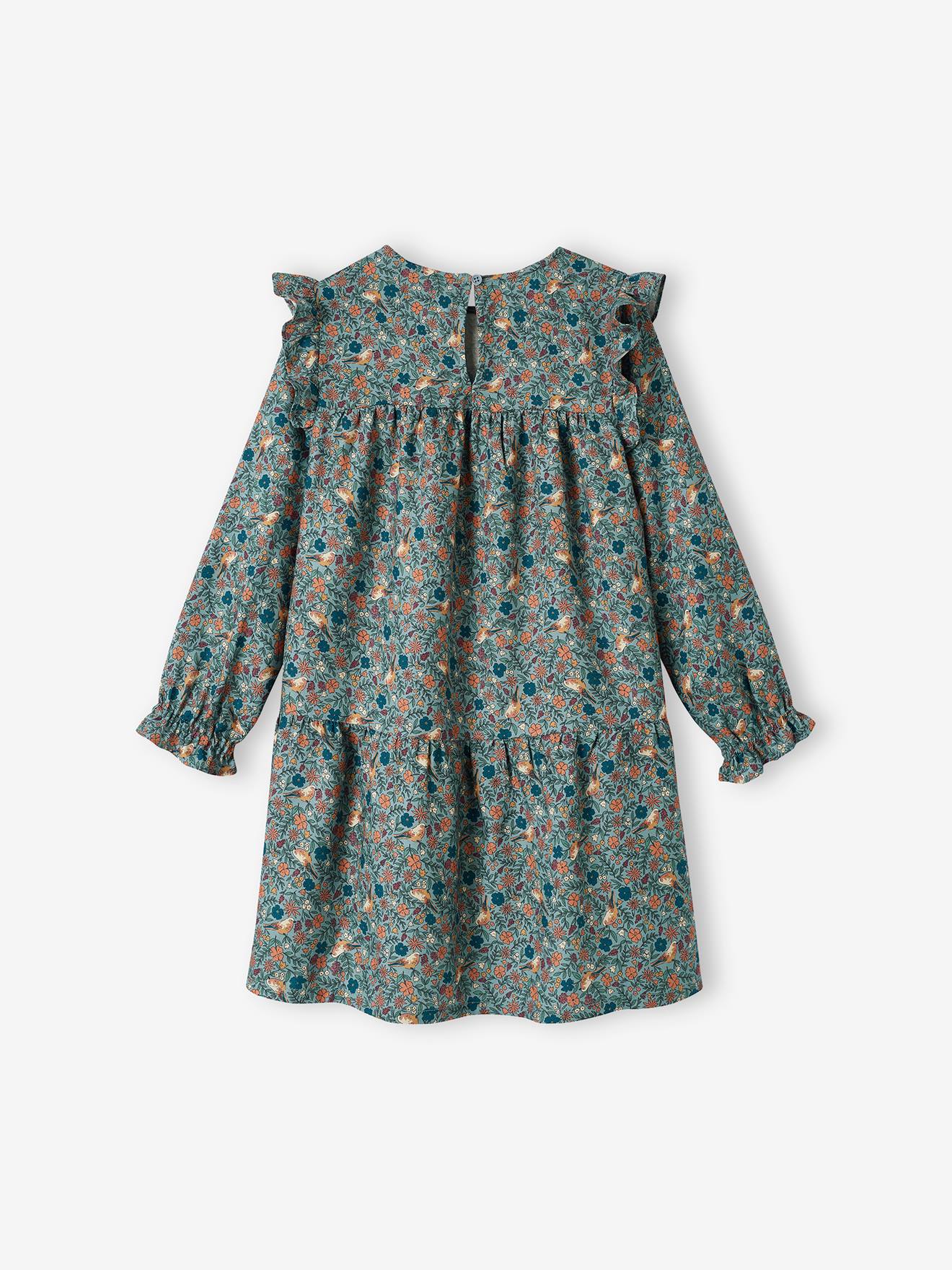 Vestido fluido com babados e estampas florais, para meninas, em lilás claro.