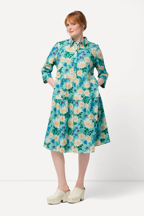 Hemdblusenkleid, Blüten, A-Linie, Hemdkragen, 3/4-Arm