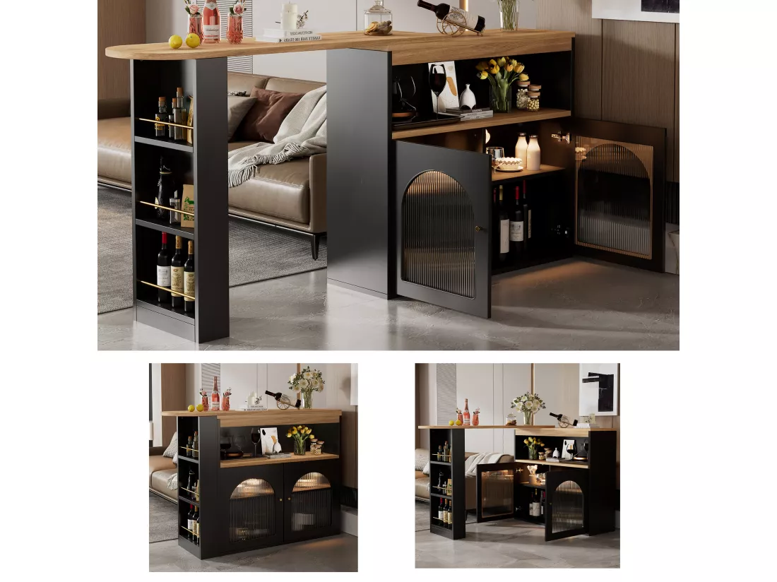 URBAN MEUBLE Buffet Table à manger extensible rotative moderne noir avec rangement et bande lumineuse LED