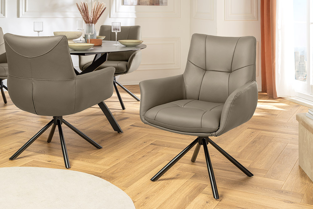 Drehbarer Stuhl SIGNATURE taupe Echtleder 360° mit Taschenfederkern schwarz Metall