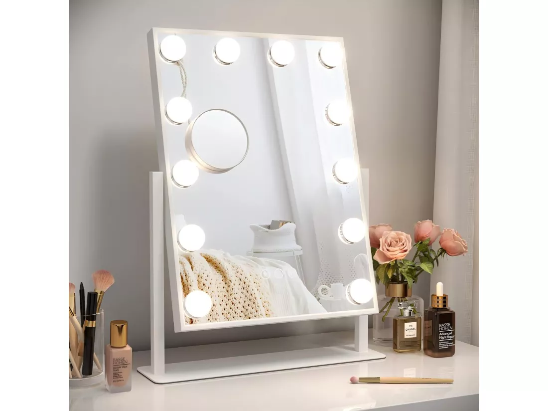 Miroir Maquillage Lumineux 30x41cm,Miroir LED 12 Lumières Miroir Hollywood Rotation à 360° Miroir Coiffeuse Contrôle Tactile,Blanc