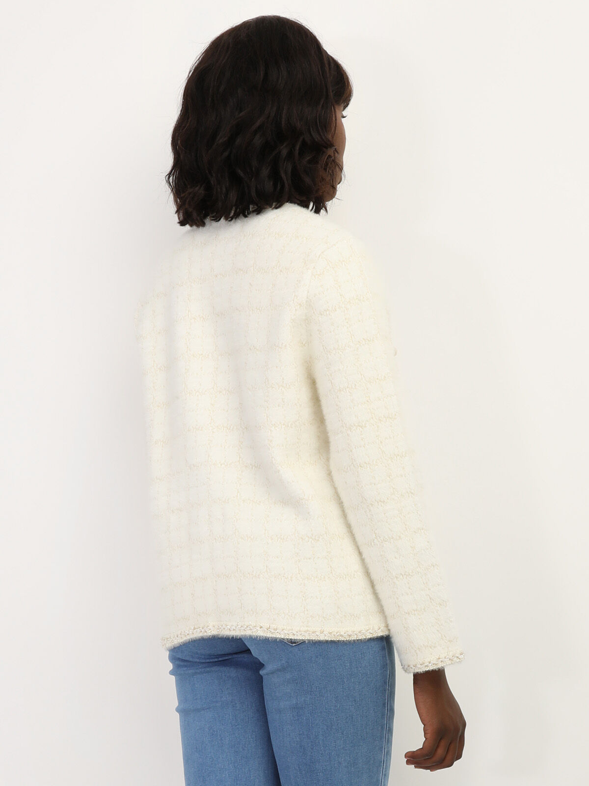Veste style tweed à boutons nacrés- Écru