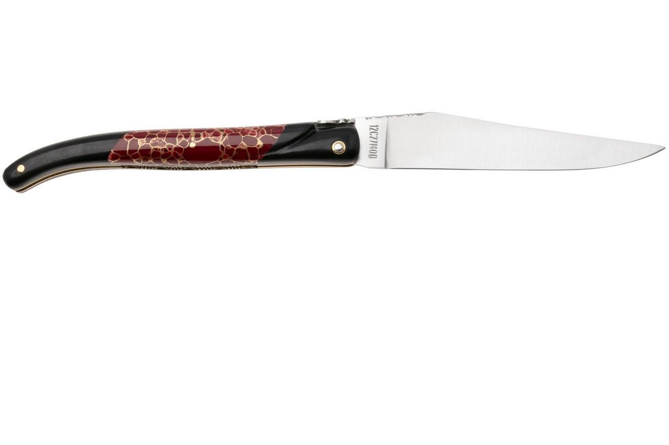 Laguiole en Aubrac Ebony, Jasper Gold Inlay, Handcarved Plates, zakmes, 12 cm