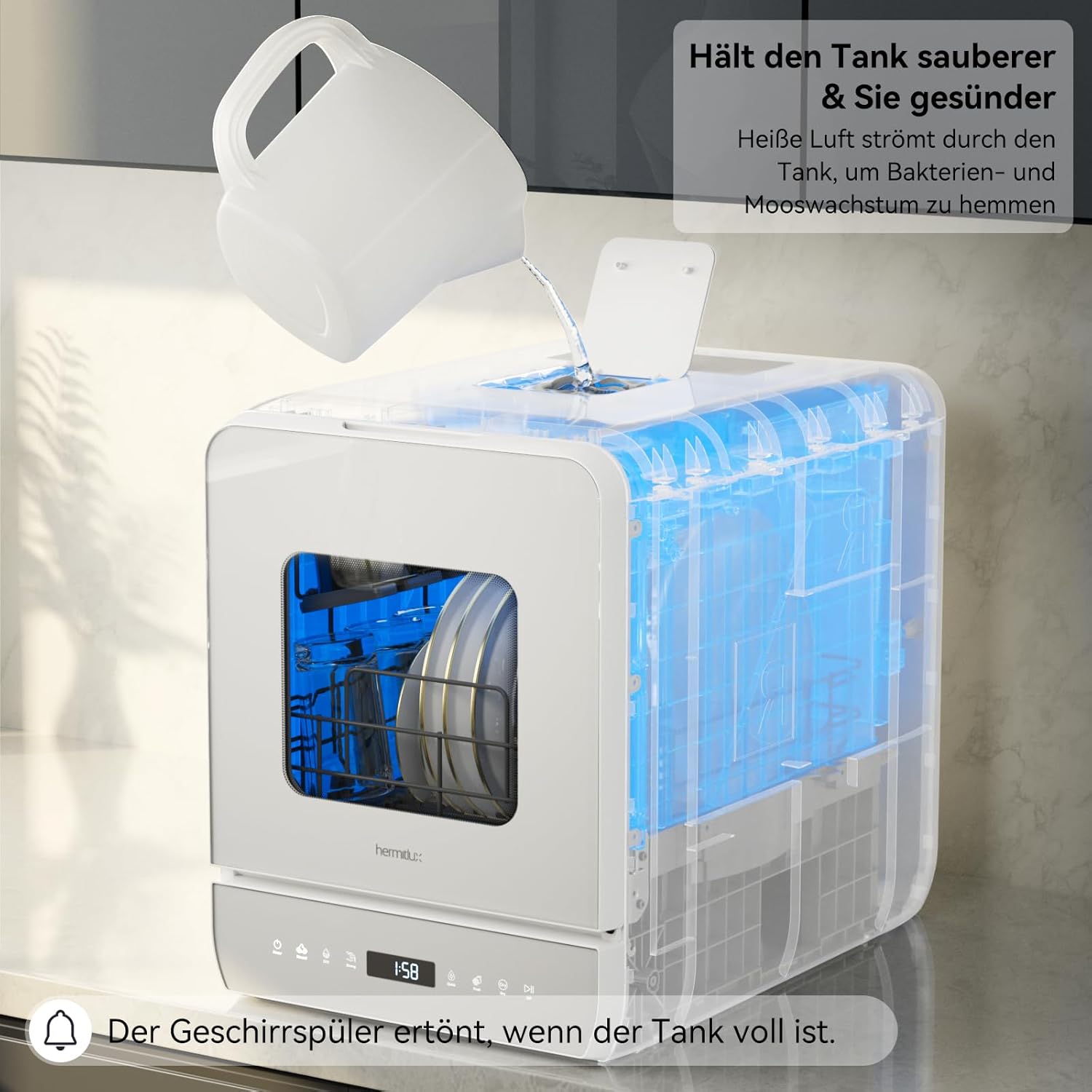 Hermitlux Tischgeschirrspüler, Mini spülmaschine mit 6+1 Programme, 5 Maßgedecken, 5L Wassertank