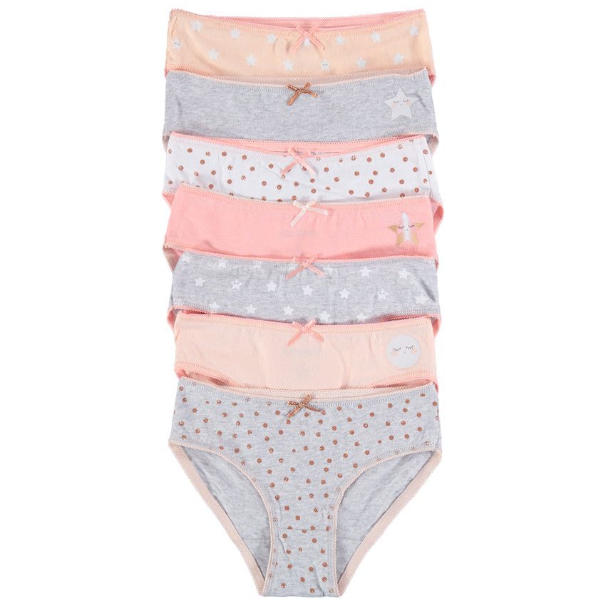 Lot de 7 culottes en coton avec étoiles et pois printés - Gris chiné