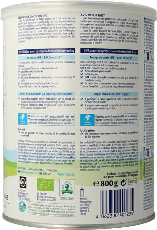 HIPP - Combiotik Zuigelingenmelk Bio - 1 L - Magere Melk - Natuurlijke Ingrediënten
