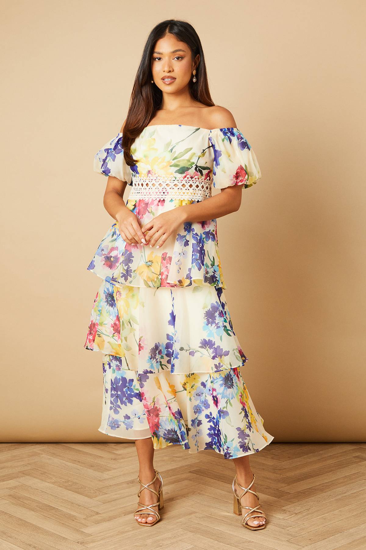 Oasis Robe Midaxi Bardot à Imprimé Floral en Organza